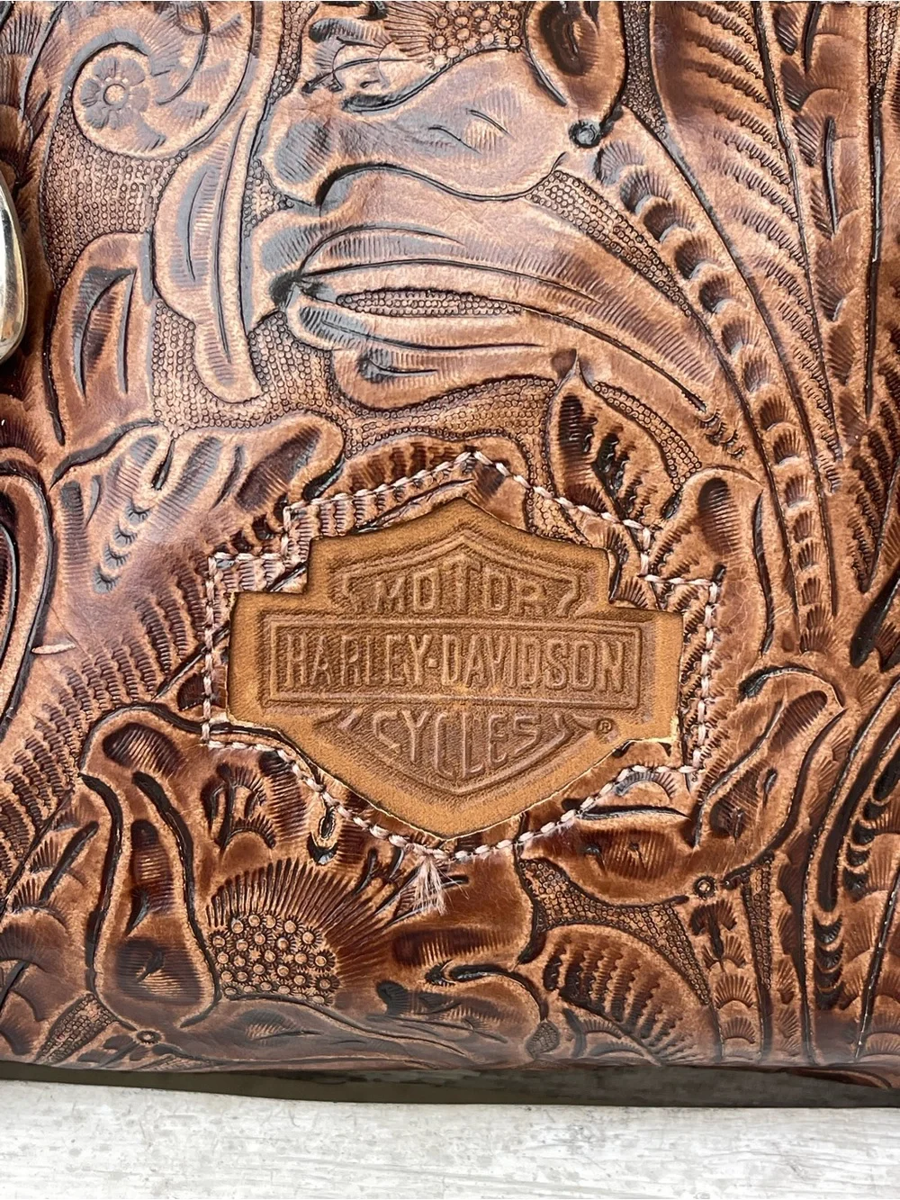 Harley-Davidson Brown Tooled Leather Barrel Satchel Shoulder Bag
